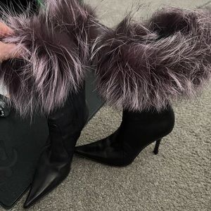 Purple stiletto bootie with faux fur